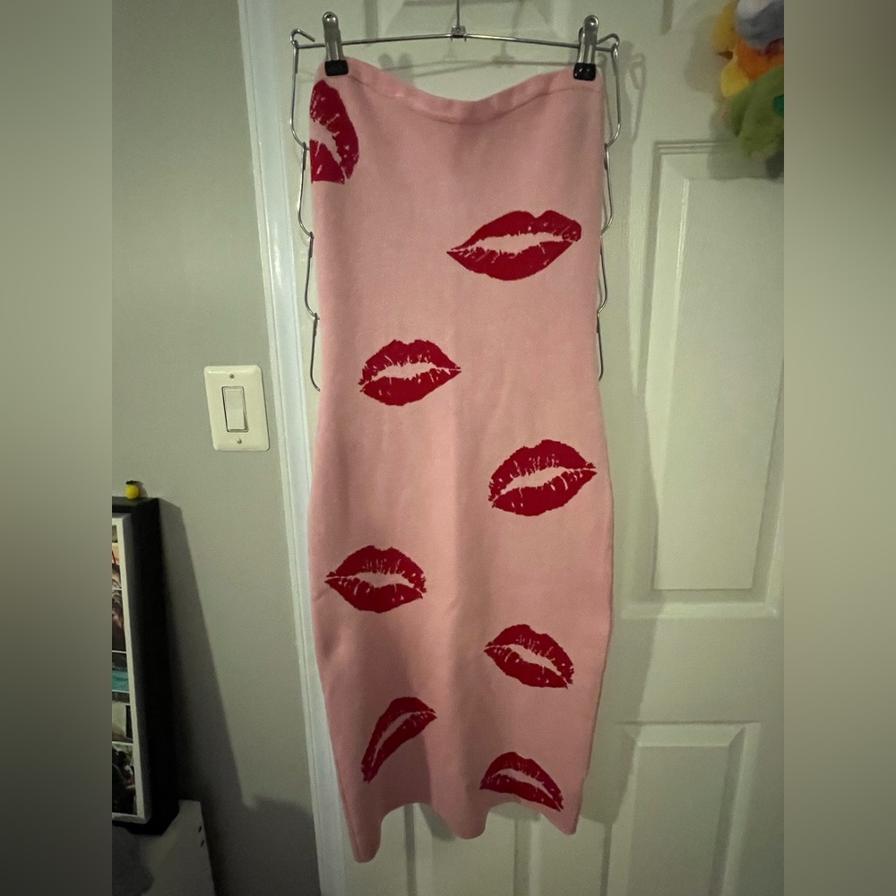 Madden Girl Pink Midi Skirt with Red Lip Print